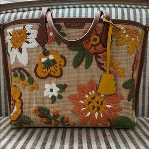 Tory Burch Brown and Orange Floral Tote